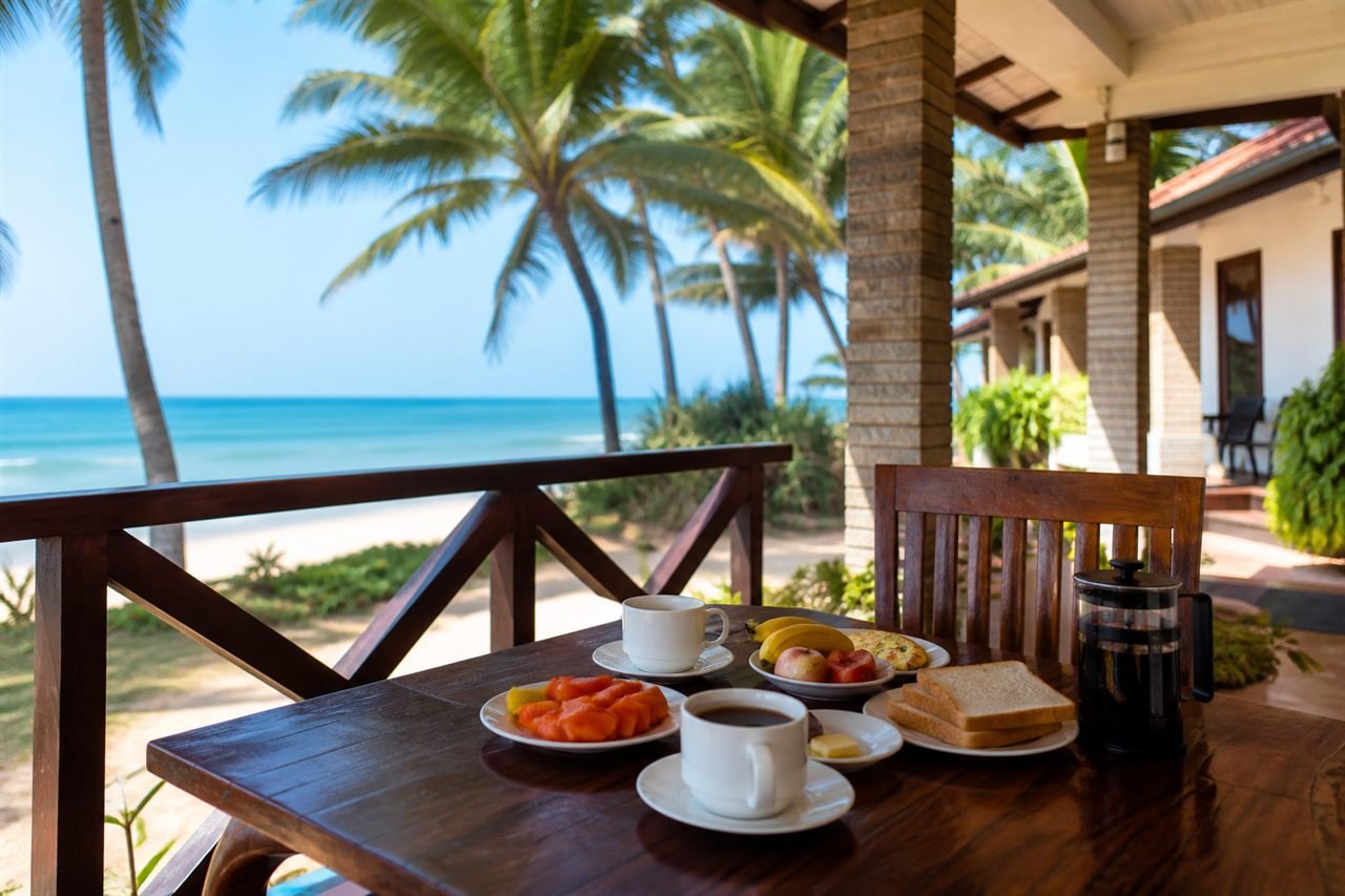 Breakfast patio with beach views at a Murudeshwar resort