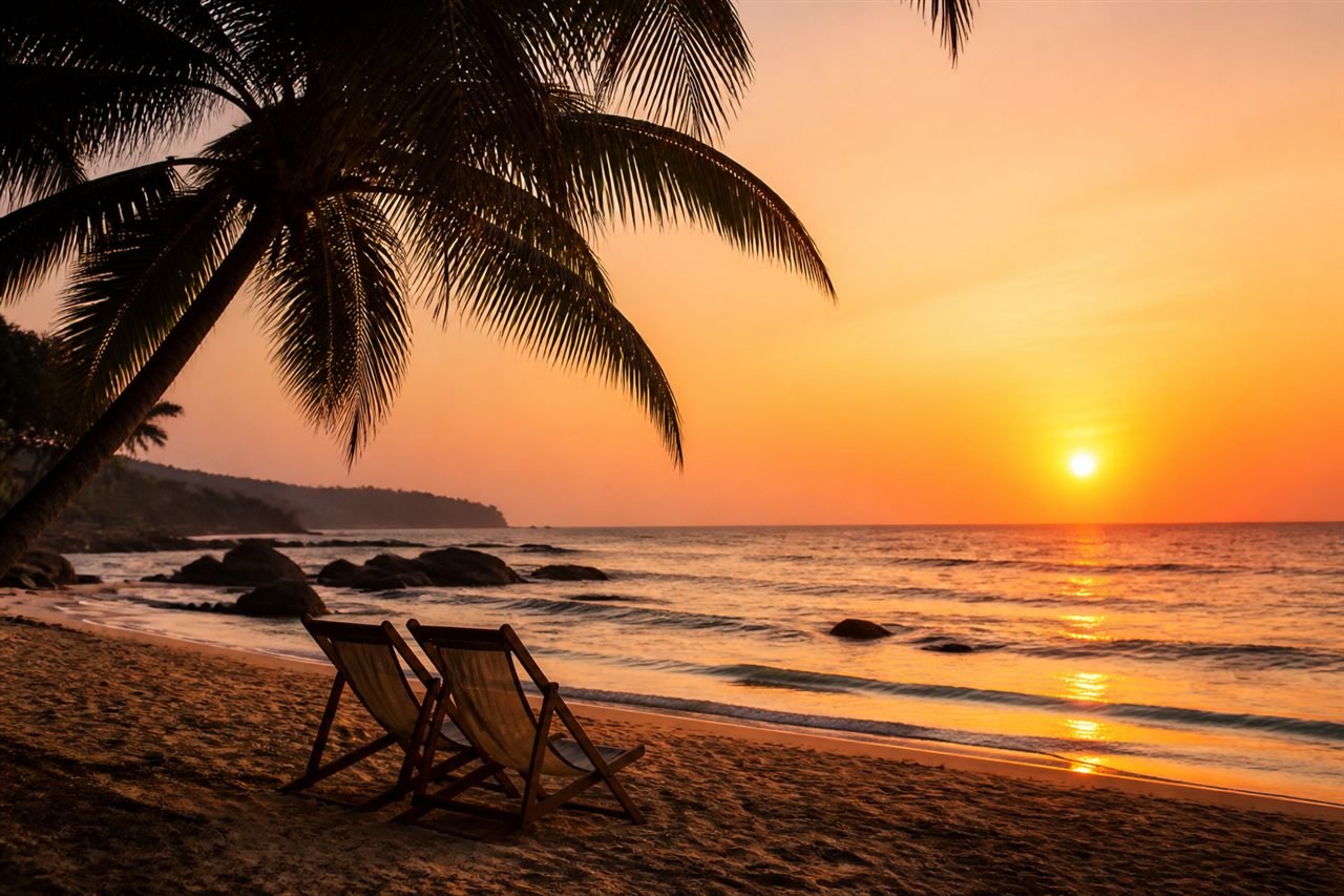 Romantic sunset beach chairs by the Arabian Sea in Murudeshwar