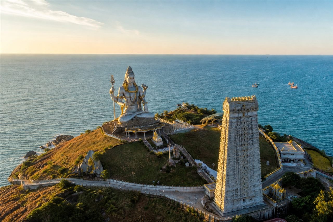 Murudeshwar Shiva statue and temple gopuram on Kanduka Hill by the Arabian Sea