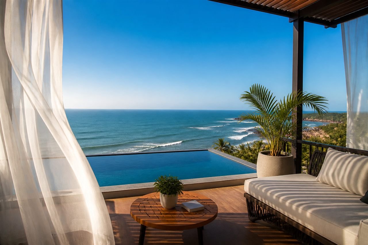 Sea-view resort balcony overlooking the Arabian Sea in Murudeshwar