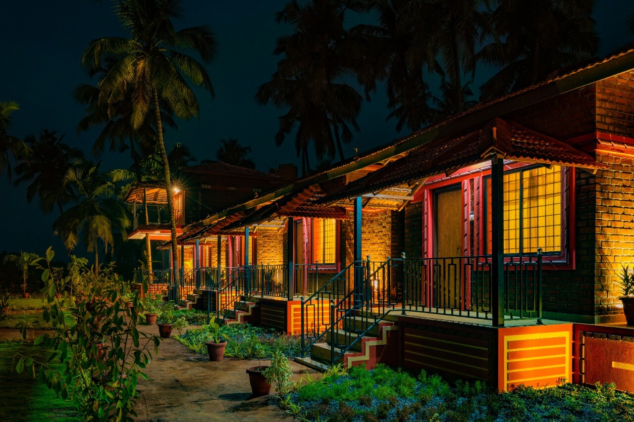 Murdeshwar beach resort night view — cottages illuminated